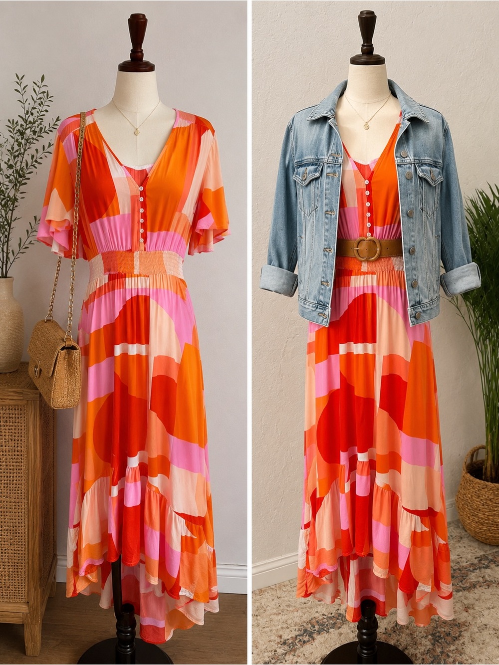 Colorblock Orange & Pink High-Low Dress with Smocked Waist Able The Lable
